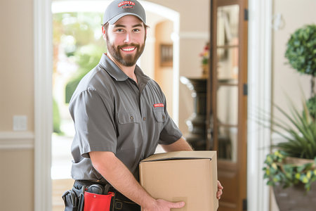 Cheerful professional mover in uniform and cap carrying a cardboard box inside a bright home settingの素材