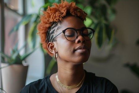 A young African American woman with a stylish orange hair color, closes her eyes in a moment of calmness, surrounded by indoor plantsの素材