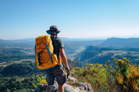 Rear view of a hiker with a large yellow backpack standing on a mountain peak, overlooking a vast valley and river belowの素材