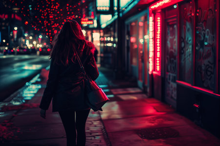 A solitary figure walks down a neon-lit city street at night, evoking a sense of urban solitudeの素材