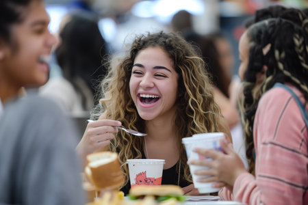 A radiant young student with curly hair laughs heartily while enjoying lunchtime with classmates at a high school cafeteriaの素材