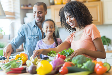 An African American family shares a happy moment while preparing a variety of colorful vegetables in a sunny, domestic kitchenの素材