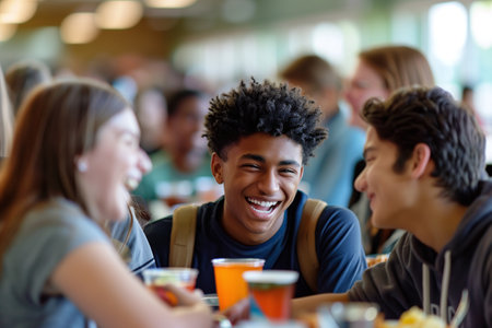 A joyful teenage boy with a bright smile shares a light-hearted moment with classmates over lunch at schoolの素材