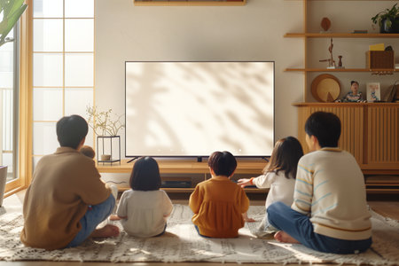 A family is gathered on the floor, attentively watching TV in a well-lit, warmly decorated living room with traditional elementsの素材