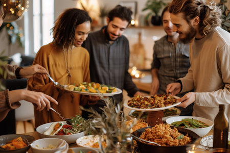 A group of smiling friends serve themselves a variety of dishes at a festive potluck gatheringの素材