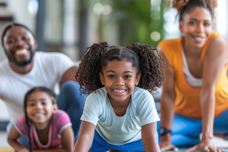 An energetic family with two children enjoy a playful workout session together at homeの素材