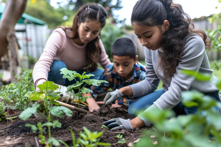 A multicultural family is planting in their garden, teaching the value of growing food and spending quality time in natureの素材