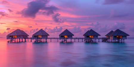 A serene and colorful sunrise over tranquil tropical overwater villas with a peaceful ocean backdropの素材