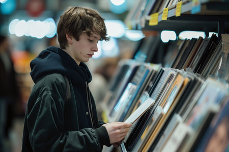 Young male browsing through vinyl records in a music shop.の素材