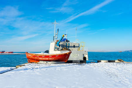Batumi, Adjara, Georgia - 14.03.2020: Batumi Bay with a training boat of Elite Batumi in the snow winter, Batumi, Georgia.のeditorial素材