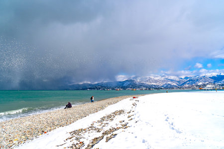 Batumi, Georgia - 09.03.2020 - Sea side of Black Sea during winter with seagulls, snow and few...