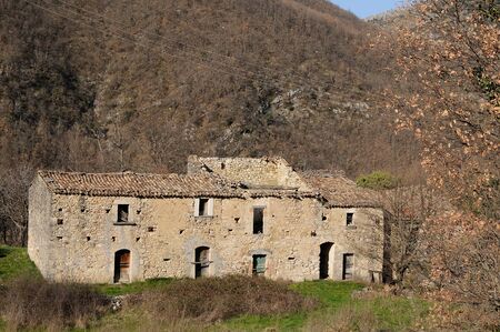 Ancient abandoned stone houses, small town in the Molise region, Italy.の写真素材