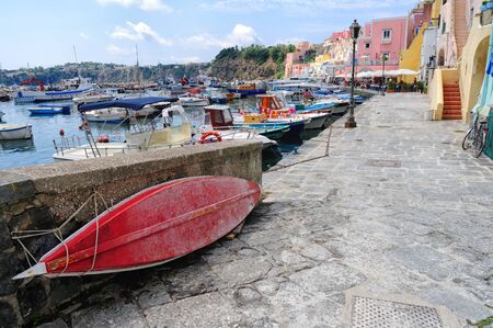 Panoramic view of Procida island, Italian town of 10 434 inhabitants in the metropolitan city of Naples in Campania, August 2018, Italyのeditorial素材