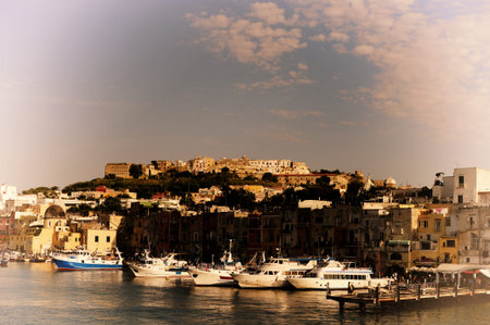 Panoramic view of Procida island, Naples, Italy, Italian town of 10 434 inhabitants in the metropolitan city of Naples in Campania, August 2018, Italyのeditorial素材