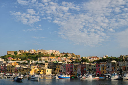 Panoramic view of Procida island, Italian town of 10 434 inhabitants in the metropolitan city of Naples in Campania, August 2018, Italyのeditorial素材