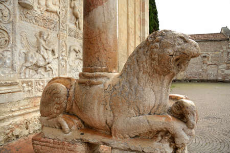 Close-up view of ancient hand-carved stone lion, Cathedral of San Zeno, Verona Italy, August 2019のeditorial素材