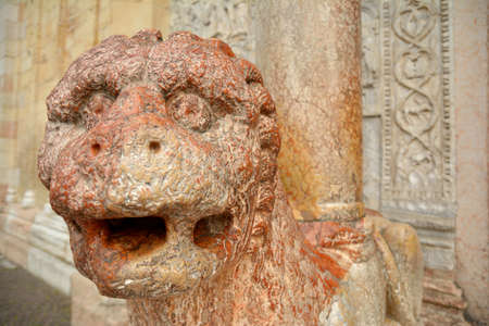 Close-up view of ancient hand-carved stone lion, Cathedral of San Zeno, Verona Italy, August 2019のeditorial素材