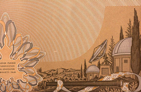 Ancient banknote of two thousand Italian lire, with a view of the Arcetri observatory and celestial paper, Naples, March 2020のeditorial素材