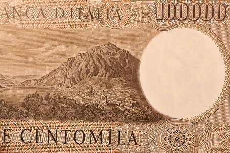 Ancient one hundred thousand Italian lira banknote, with a view of Lecco, Lake Como, Naples, March 2020のeditorial素材