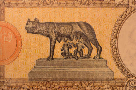 Ancient fifty Italian lira banknote, close-up view of the Capitoline she-wolf, Naples, March 2020のeditorial素材
