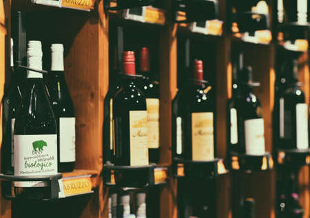 Famous bottles of Italian white and red wine, on sale in a supermarket, Milan, January 2020のeditorial素材