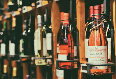 Famous bottles of Italian white and red wine, on sale in a supermarket, Milan, January 2020のeditorial素材