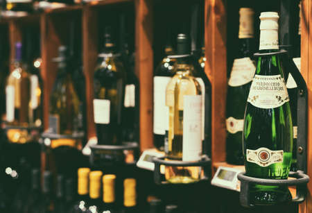 Famous bottles of Italian white and red wine, on sale in a supermarket, Milan, January 2020のeditorial素材