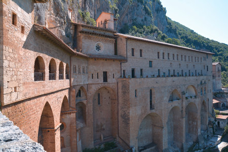 The Santa Scolastica di Subiaco monastery, at the origin of the territorial abbey of the same name, was one of the thirteen monasteries founded by San Benedetto da Norcia, August 2019, Italyのeditorial素材