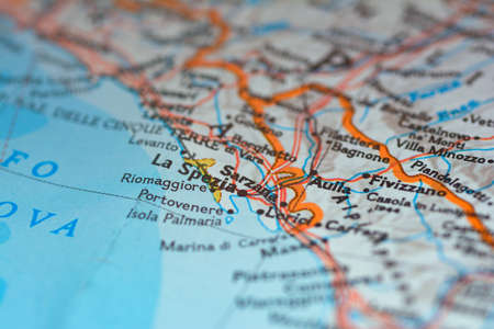 Close-up view of the roads on the map around the city of La Spezia, Italy, May 2020のeditorial素材