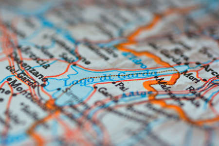 Close-up view of the roads on the map around Lake Garda, Italy, May 2020のeditorial素材