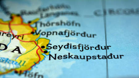 Close-up view of the roads on the map and the territories of Iceland, photo taken in Italy, January 2020のeditorial素材