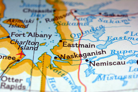 Close-up view of the roads on the map and the territories of Northern Greenland, photo taken in Italy, January 2020のeditorial素材