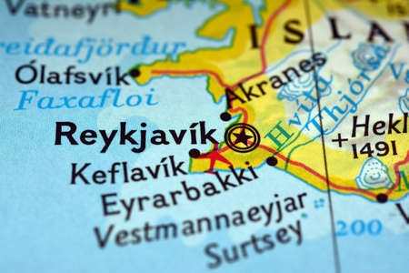 Close-up view of the roads on the map and the territories of Iceland, photo taken in Italy, January 2020のeditorial素材