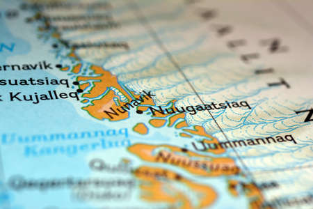 Close up view on the map of the roads around the northern greenland territories, photo taken in Italy June 2020のeditorial素材