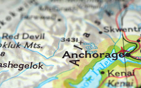 Close-up view on the map of the roads around the northern territories of Alaska, photo taken in Italy June 2020のeditorial素材