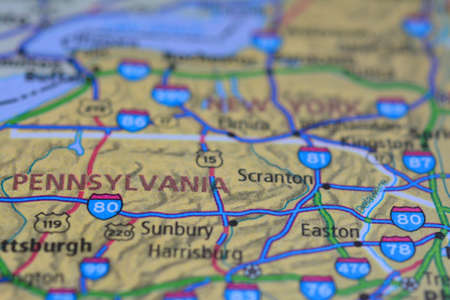 Close-up view on the road map around the state of Pennsylvania, USA, photo taken in Italy June 2020のeditorial素材