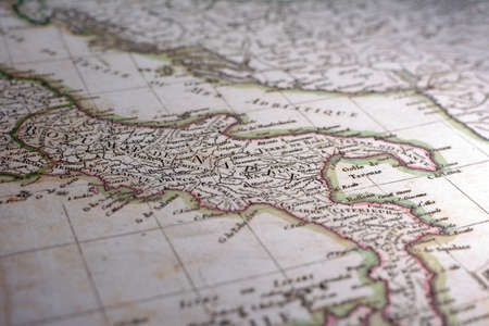 Close-up view of the Italian regions on an ancient map, photo taken in Italy, June 2020のeditorial素材