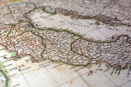 Close-up view of the Italian regions on an ancient map, photo taken in Italy, June 2020のeditorial素材