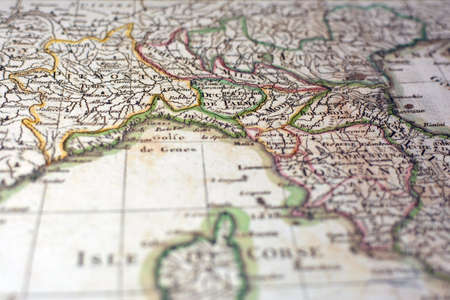 Close-up view of the Italian regions on an ancient map, photo taken in Italy, June 2020のeditorial素材