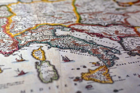 Close-up view of the Italian regions on an ancient map, photo taken in Italy, June 2020のeditorial素材