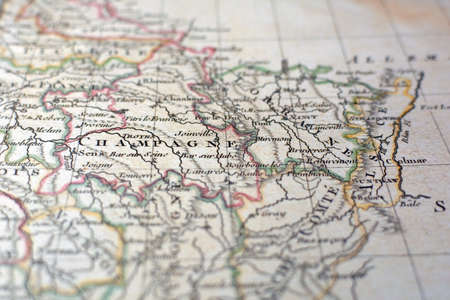 Close-up view of the regions of France on an ancient map, photo taken in Italy, June 2020のeditorial素材