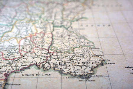 Close-up view of the regions of France on an ancient map, photo taken in Italy, June 2020のeditorial素材