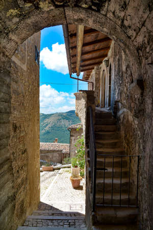 Ancient stone houses in the historic center of Santo Stefano di Sessanio, Abruzzo, Italy, July 2019のeditorial素材