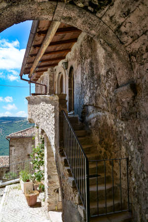 Ancient stone houses in the historic center of Santo Stefano di Sessanio, Abruzzo, Italy, July 2019のeditorial素材