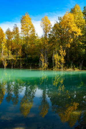 Scenic panorama in autumn of Castel San Vincenzo lake, Molise region, Italyの写真素材