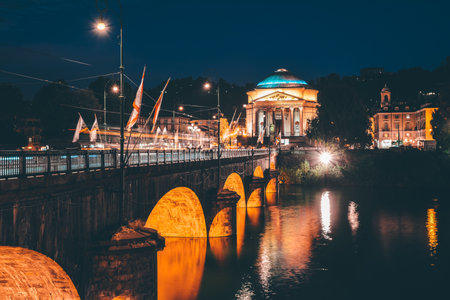 Night view of the Po river, historic center of Turin, Italyの写真素材