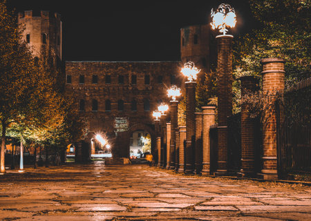 Night view in the historic center of Turin, Italyの写真素材