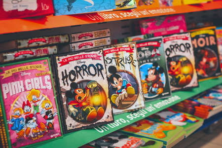 The shelf of a supermarket with a variety of children's books, Rome, october 2021のeditorial素材