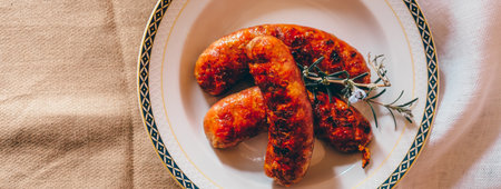 Grilled sausages on a plate with rosemary on the tableの写真素材