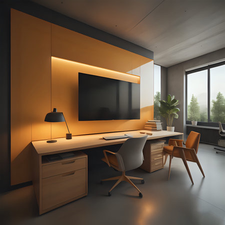 Interior of modern office with yellow walls, concrete floor, computer table with yellow chairs and TV on it. 3d rendering, image created with AIの写真素材
